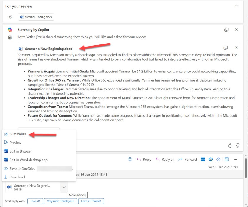 The summarize option for a file attachment for a message opened in OWA.
