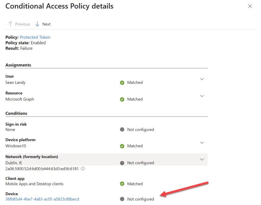 The token protection session  control for a conditional access policy rejects a connection attempt.